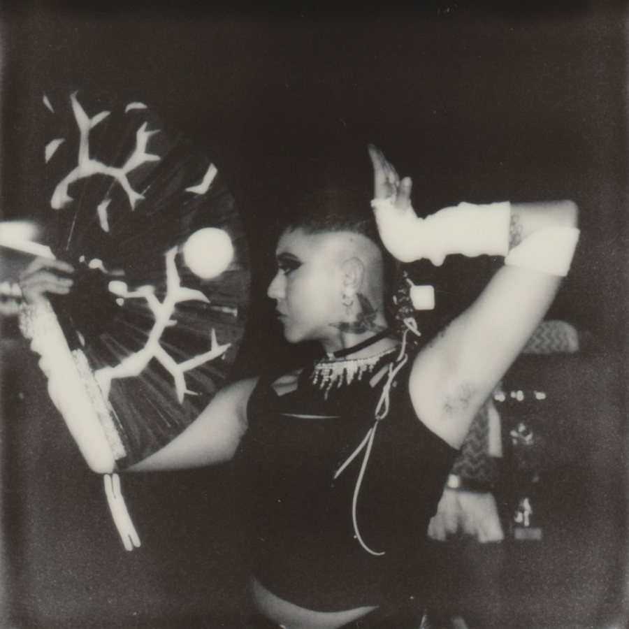 Profile of a person raising an arm beside a large patterned fan